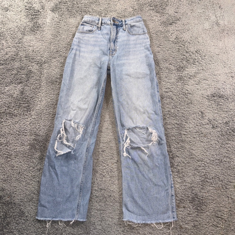 Hollister Ultra High-Rise Dad Jeans 00R W23 L31 Light Wash Distressed Blue Denim